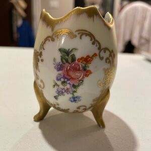 Vintage Hand-Painted Floral Porcelain Footed Egg in White and Gold
